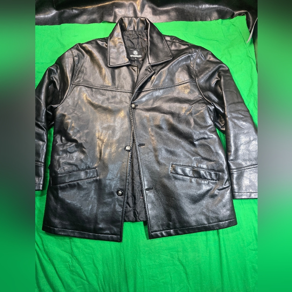 Men's Black Leather-Look Button Front Coat